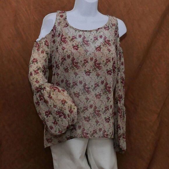 A'Reve Roses On Tan Sheer Cold Shoulder Blouse w/ Lace Racer Back  Bishop sleeve - Picture 2 of 7